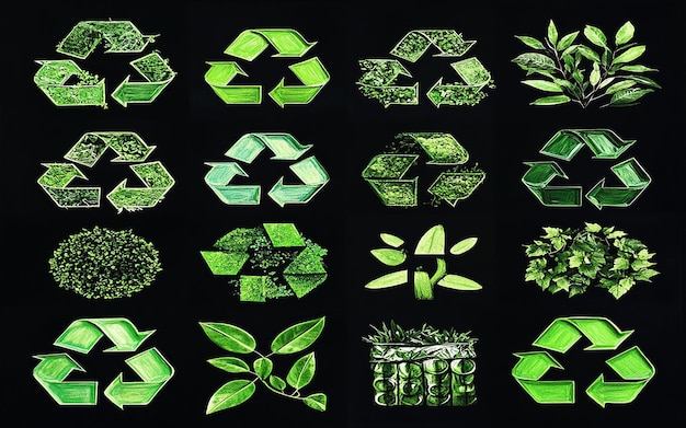 Collage of green recycling symbols with textured leaf patterns emphasizing ecofriendly and sustainab