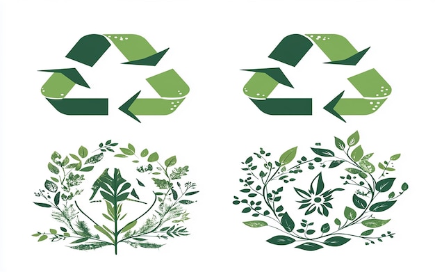 Photo collage of green recycling symbols with textured leaf patterns emphasizing ecofriendly and sustainab