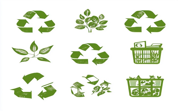 Photo collage of green recycling symbols with textured leaf patterns emphasizing ecofriendly and sustainab