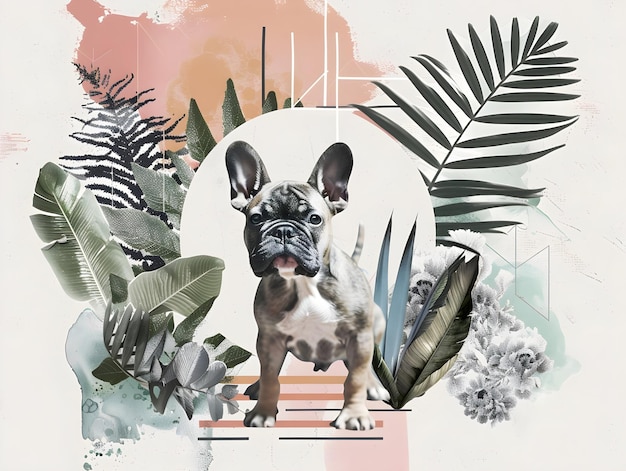 collage greenery french bulldog different textures minimalistic white background