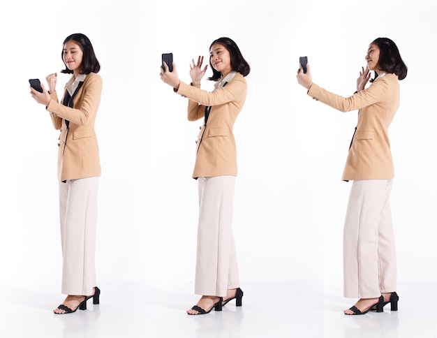 Collage Group Full length of 20s Asian Woman black short hair formal blazer suit. Business Office girl selfie photo and online video call meeting with Smart Phone over white Background isolated