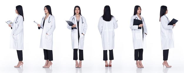 Collage Group Full length Figure body of 20s Asian Woman black hair doctor gown and suit. Female stands holding files and turns 360 around rear side back view over white Background isolated