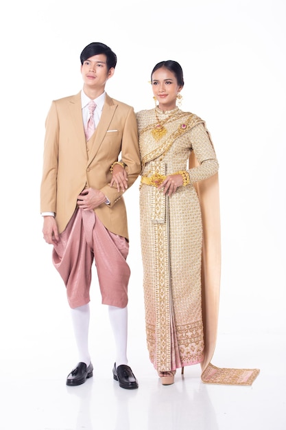 Collage Group full length Figure couple of 20s Asian man woman lover wear Thai traditional costume for wedding ceremony Wedding male female stands and pose confident over white Background isolated