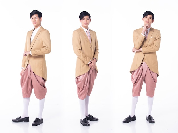 Collage Group Full length Figure snap of 20s Asian man black hair suit jacket pant and shoes Wedding male stands and pose confident over white Background isolated