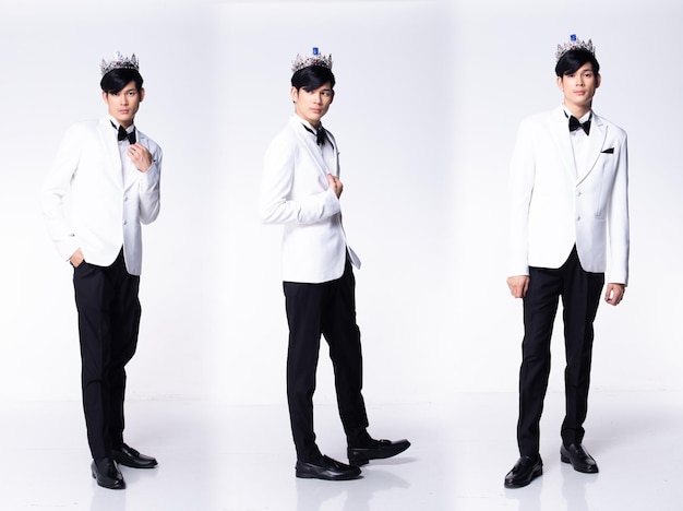 Collage Group Full length Figure snap of 20s Asian man black hair suit jacket pant and shoes Wedding male stands and pose confident over white Background isolated