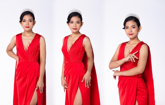 Collage Group half body Figure of 20s Asian Woman Miss beauty pageant contest crown long evening gown and high heel shoes Female stands and pose confident beautiful over white Background isolated