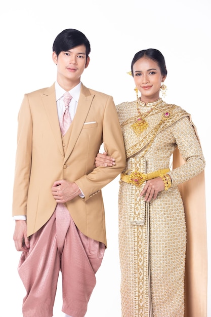 Collage Group half body Figure couple of 20s Asian man woman lover wear Thai traditional costume for wedding ceremony Wedding male female stands and pose confident over white Background isolated