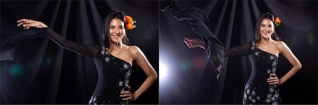 Collage Group Pack Portrait of Young Slim Asian Woman wears dark crystal Evening Gown, Beautiful Girl throws and toss arm many difference style, studio lighting black background drape cloth