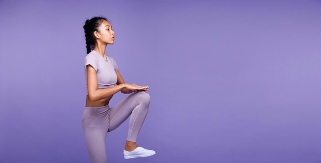 Collage Half body of Asian slim tanned skin Fitness woman exercise warm up stretch ABS arms legs six packs purple background concept Woman Can Do athlete in Very Peri color block mood tone