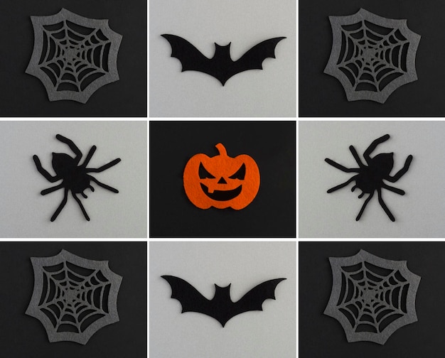 Collage for Halloween Decorative spiders pumpkins spider web and bat on the black and gray background Copy space Top view