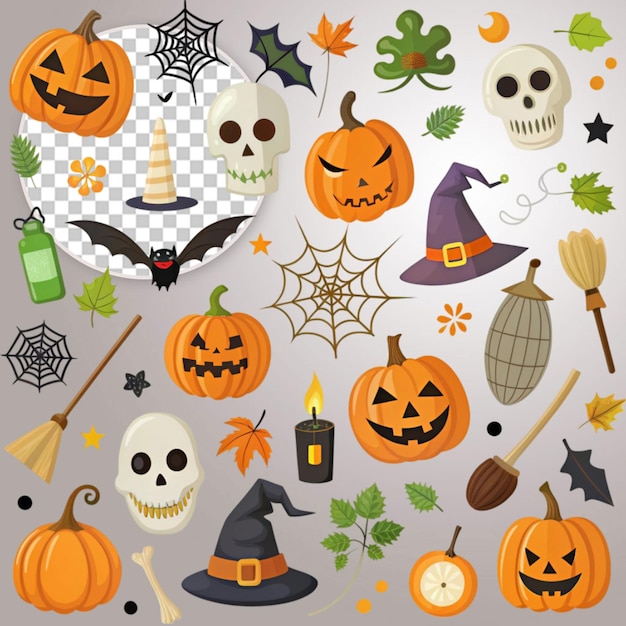 collage of halloween elements in watercolor style high detailed solid transparent background