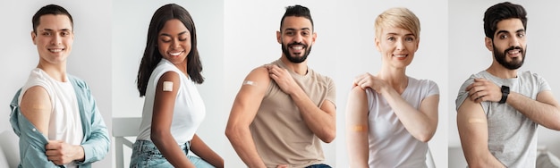 Collage of happy diverse vaccinated people with bandaids on arms