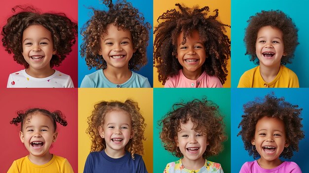 Photo collage of happy smiling children with curly hair against colorful backgrounds