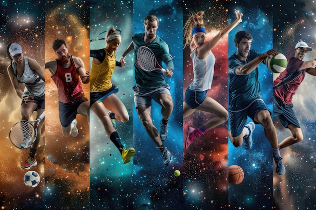 Collage Illustration Featuring Sports Activities Such as Tennis Running Badminton Soccer