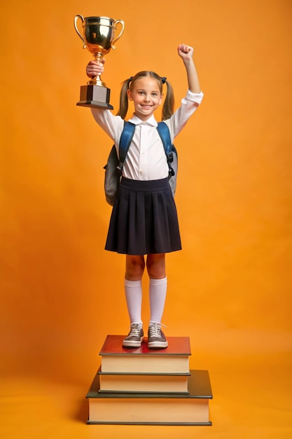 Photo collage image victory knowledge competition tournament winner schoolgirl raise books backpack podium goblet isolated on orange background