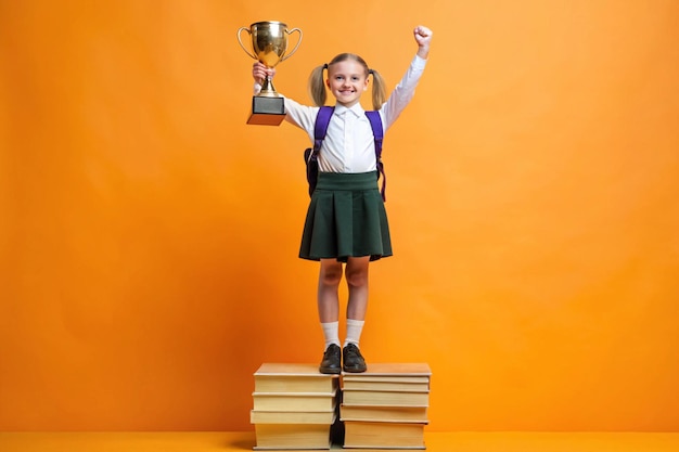 Photo collage image victory knowledge competition tournament winner schoolgirl raise books backpack podium goblet isolated on orange background