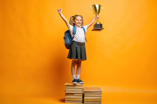 Photo collage image victory knowledge competition tournament winner schoolgirl raise books backpack podium goblet isolated on orange background