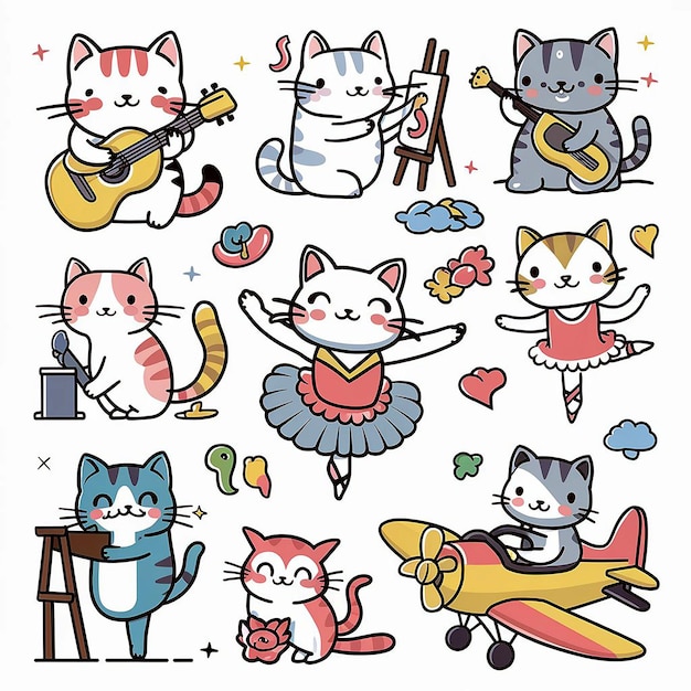 a collage of images including cats and different activities