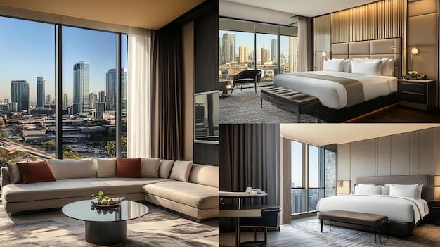 Photo a collage of images showcasing the luxurious interior of a modern hotel suite featuring a spacious living area a plush bedroom and stunning city views