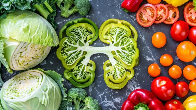 Photo collage of a kidney silhouette with kidneyfriendly foods like cabbage and bell peppers