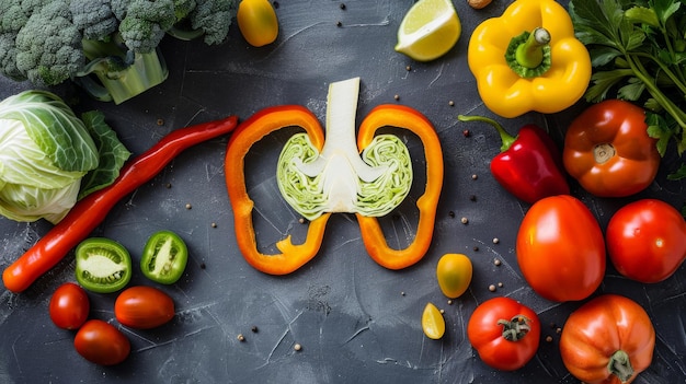 Photo collage of a kidney silhouette with kidneyfriendly foods like cabbage and bell peppers