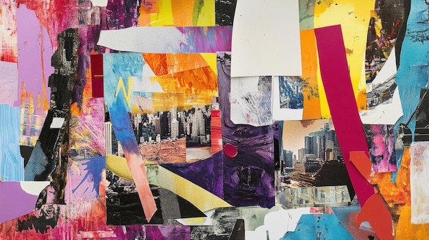 Collage of layered cutout images of cityscapes abstract shapes and textured backgrounds conveying urban vibrancy