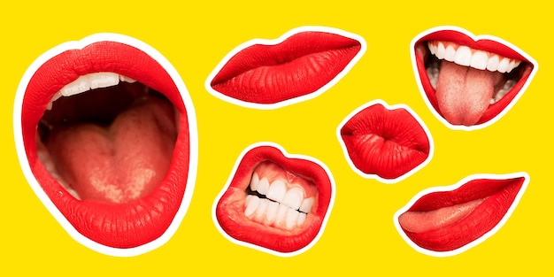 Collage in magazine style with female lips on bright background, flyer