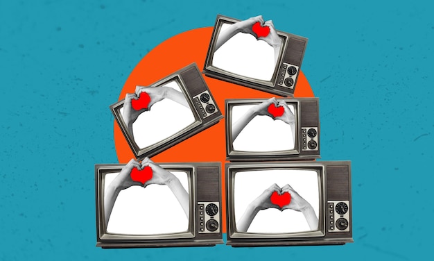 A collage of modern art Concept An old retro TV with an image of hands and heart