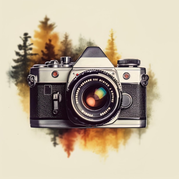 Collage Modern Camera Front Side With Watercolor Mountain Trees National Photography Day Concept Ai generated