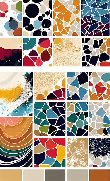 A collage of mosaics with different colors and shapes.