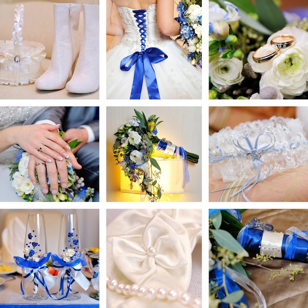 Collage of nine wedding photos in blue