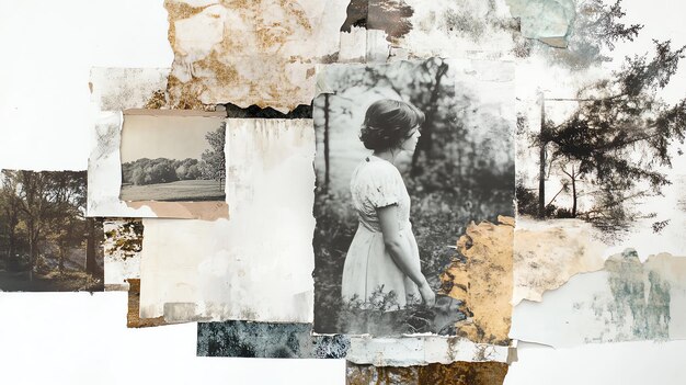 Photo a collage of old weathered photos depicting nature and a woman