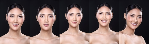 Collage Pack Group of Asian Woman after applying make up hair style. no retouch, fresh face with nice and smooth skin. Studio lighting dark black background