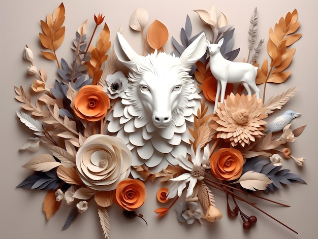 A collage of paper animals with a goat head on it.