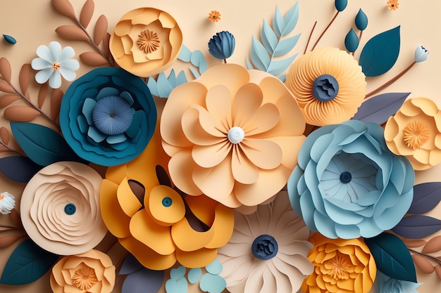 A collage of paper flowers with a blue button on the top.