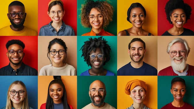 a collage of people with different expressions and a colorful background