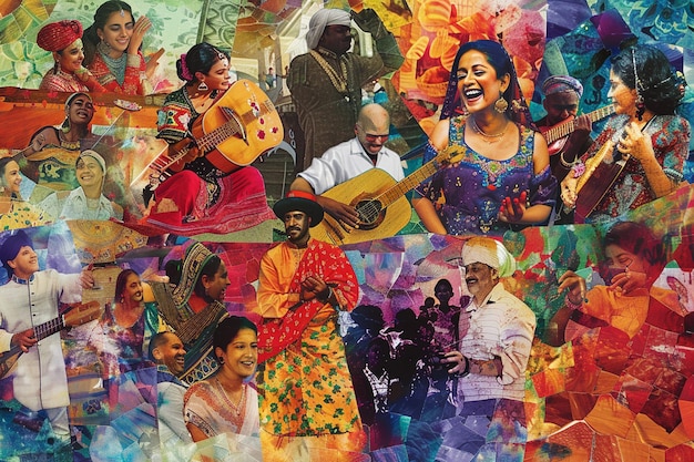 a collage of people with a man playing a guitar