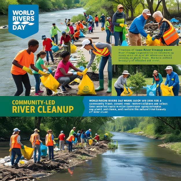 Photo a collage of people with a sign that says world river