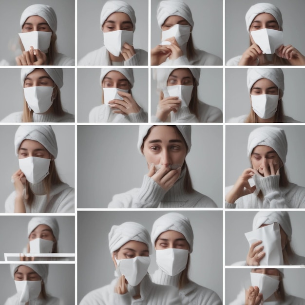 Photo collage of person covering face with white