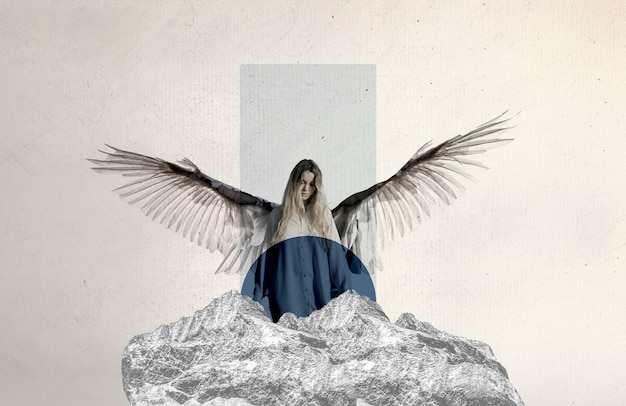 Collage of person with wings on sky background