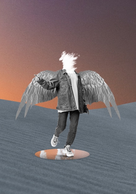 Collage of person with wings on sky background