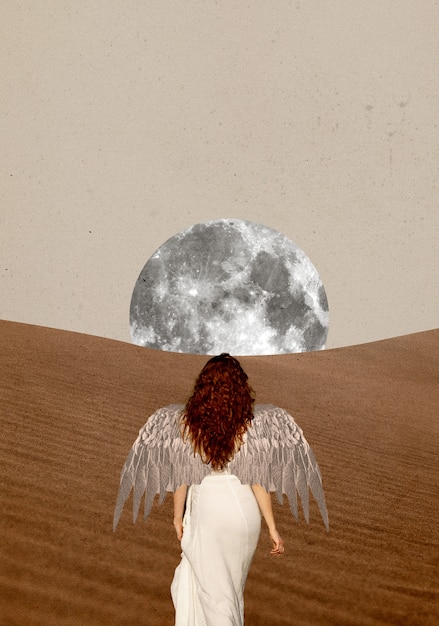 Collage of person with wings on sky background