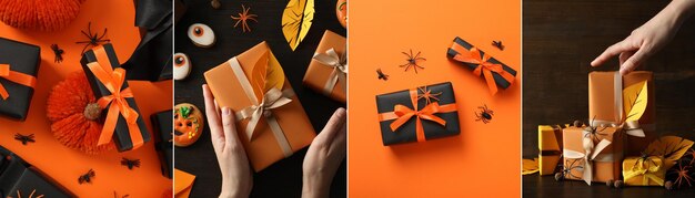 Collage of photos of a box with a gift in the autumn style