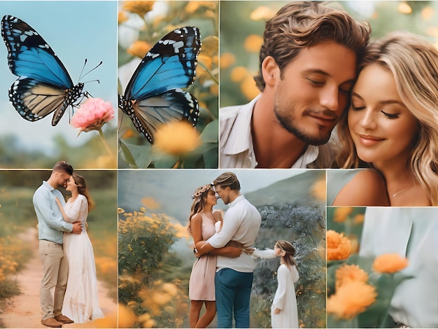 collage of photos of a couple kissing and kissing in a field of flowers