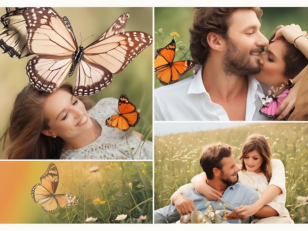 a collage of photos of a couple with a butterfly on their shoulder