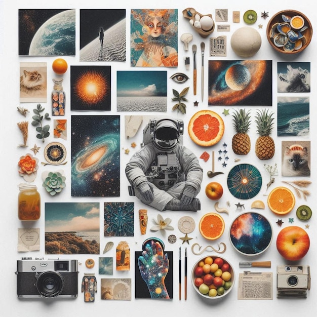 a collage of photos including astronaut orange and sun