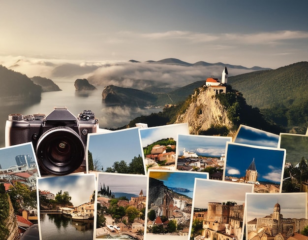 a collage of photos including a camera and a photo of a castle