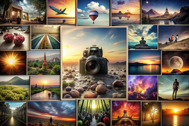 a collage of photos including a hot air balloon and a camera