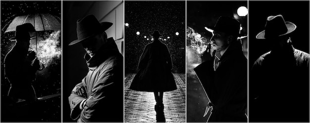 Collage of photos in the noir style with a man in a raincoat and hat in the rain