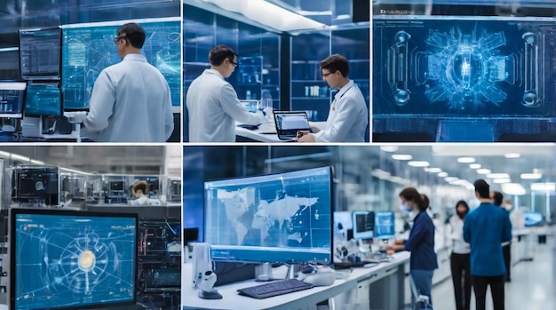 a collage of photos of people working in a lab with a blue screen that says  science